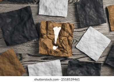 Close up of wrinkled pieces of paper with exclamation mark on wooden desk. Supplies, stationery, school, work and education concept. 3D Rendering - Powered by Shutterstock