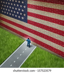 Closed America and United States government shutdown concept as a metaphor for US closure or strict immigration policy as a businessman on a road blocked  by giant brick wall with a painted flag.