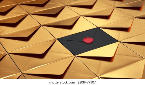 Closed Black Envelope Among Many Open Gold Envelopes, 3d Render