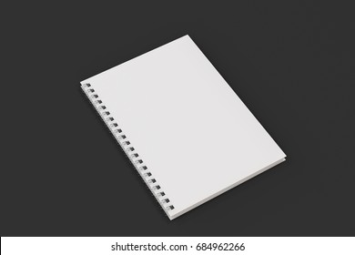 Closed Blank Notebook With White Cover And Metal Spiral Bound On Black Background. Business Or Education Mockup. 3D Rendering Illustration