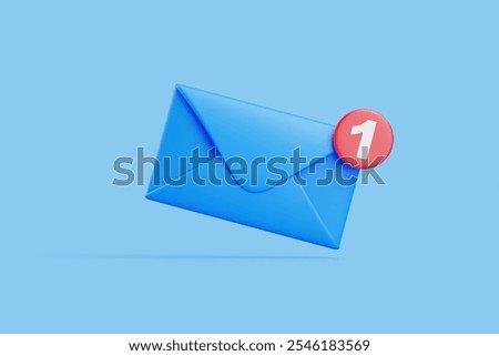 Closed blue envelope with a red 1 notification badge, representing an unread message or email alert. 3D render illustration