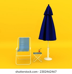 Closed Blue striped beach umbrella and beach chair isolated on yellow. Clipping path included. 3d rendering.
 - Powered by Shutterstock