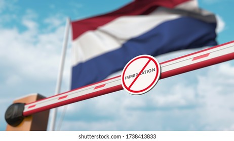 Closed Boom Barrier With Stop Immigration Sign Against The Dutch Flag. Restricted Border Crossing Or Immigration Ban In Netherlands. 3D Rendering