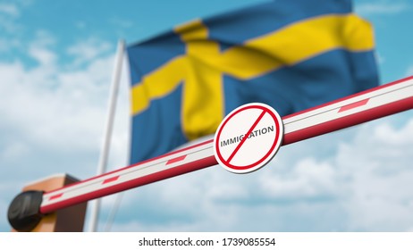 Closed Boom Barrier With Stop Immigration Sign Against The Swedish Flag. Restricted Border Crossing Or Immigration Ban In Sweden. 3D Rendering