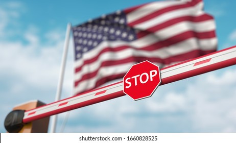 Closed boom barrier with stop sign against the American flag. Restricted entry or certain ban in the USA. 3D rendering