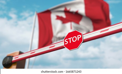 Closed boom barrier with stop sign against the Canadian flag. Restricted entry or certain ban in Canada. 3D rendering