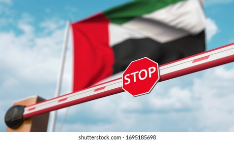 Closed Boom Barrier With Stop Sign Against The UAE Flag. Restricted Border Crossing Or Certain Ban. 3D Rendering