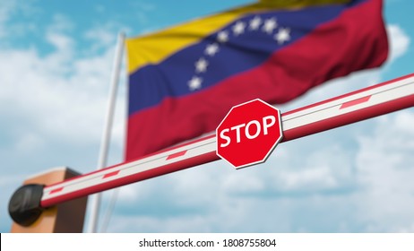 Closed boom barrier with stop sign against the venezuelan flag. restricted entry or certain ban in venezuela.  3D rendering