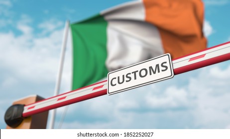 Closed Boom Gate With Customs Sign On The Irish Flag Background. Border Closure Or Protective Tariffs In Ireland.  3D Rendering