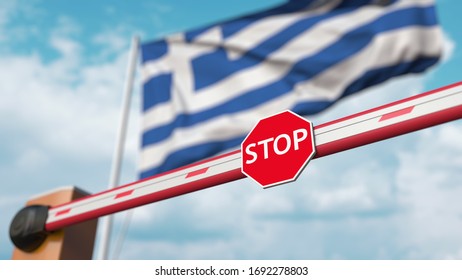 Closed boom gate on the Greek flag background. Restricted entry or certain ban in Greece. 3D rendering