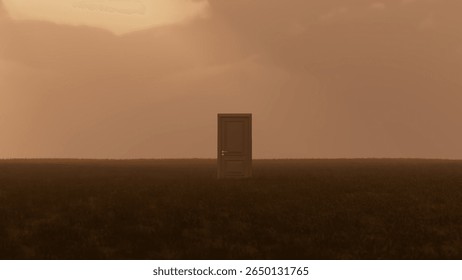 Closed door is standing in the middle of an empty field at sunset with fog covering the ground, symbolizing mystery, new opportunities, and choices
