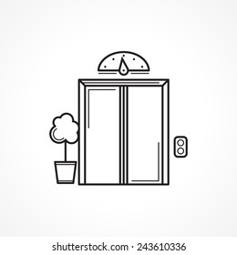 Closed elevator door black line icon. Single black contour elevator, passenger lift closed door with flower pot. Vintage design vector icon on white background.