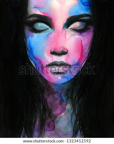closed eyes. galaxy girl. fantasy illustration. watercolor painting
