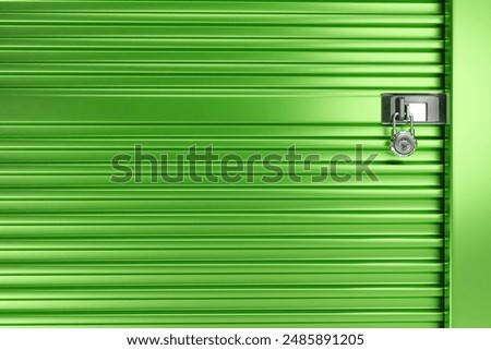 Closed gate. Padlock with code on door. Roller shutters in garage. Closed gates in warehouse. Roller shutters to prevent theft. Padlock to protect property. Gate is locked. 3d image