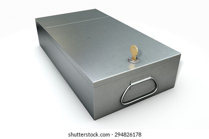 A Closed Metal Bank Safety Deposit Box On An Isolated Studio Background