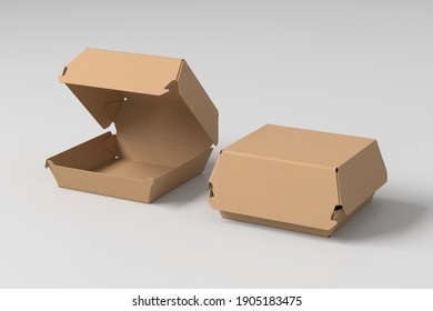 Closed And Opened Cardboard Food Box Mock Up. Packaging For Hamburger, Lunch, Fast Food, Burger And Sandwich On White Background. Side View. 3d Illustration