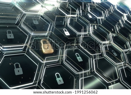 Closed Padlock on digital background, cyber security. 3d illustration, 3d rendering.