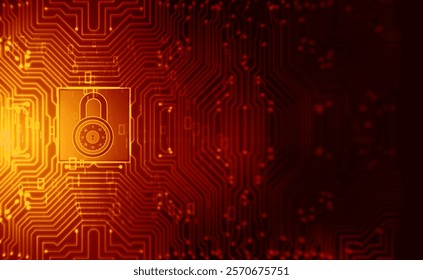 Closed Padlock on digital Circuit background, Technology security concept. Modern safety digital background. Lock Protection system, Cyber Security and information or network protection