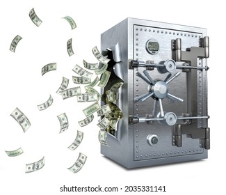Closed and reliable steel safe with lot of money in it has a hole in side wall, money are flying away, concept of destroyed safe, 3d illustration