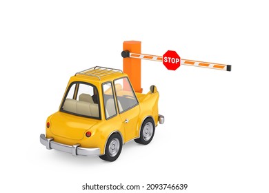 Closed Road Car Barrier And Stop Sign With Yellow Cartoon Car On A White Background. 3d Rendering