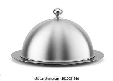 Closed Silver Steel Serving Cloche Isolated On A White Background. 3d Rendering