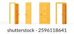 Closed, slightly open yellow door from different sides. Isolation. On a white background. 3d rendering.
