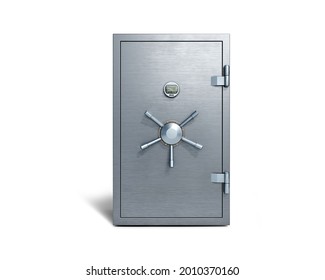 Caja fuerte de acero cerrada, aislada en fondo blanco, vista frontal, ilustración 3d