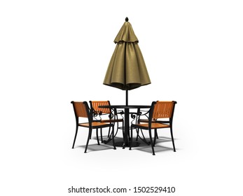 Closed Umbrella For Restaurant On Central Pillar With Round Table 3D Render On White Background With Shadow