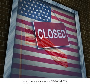 Closed United States Of America Concept As A Metaphor For US Government Shutdown Or Failed American Business And Strict Immigration Policy As A Store Window Sign With A Reflection Of A Flag On Glass.