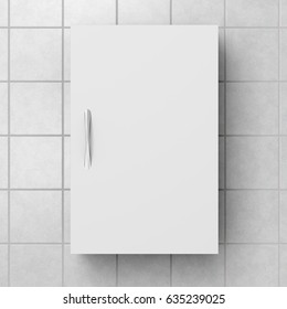 Closed White Bathroom Cabinet Isolated On White Tiled Wall With Clipping Path. 3d Illustration