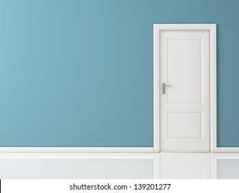 Closed White Door on Blue Wall,  Reflective Floor