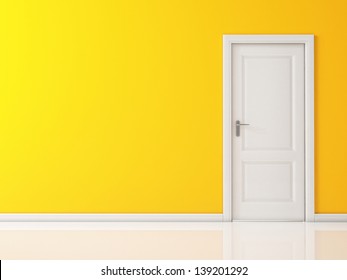 Closed White Door on Yellow Wall,  Reflective Floor