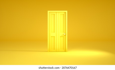 Closed yellow door with frame. On yellow background. Original 3D illustration design.