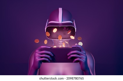 Closeup Of A 3d Girl Playing With Mobile Phone With VR Goggles And Coins Around. Neon Lights. Futuristic Concept Of Metaverse, Play To Earn, Nft And Cryptocurrencies. 3d Rendering