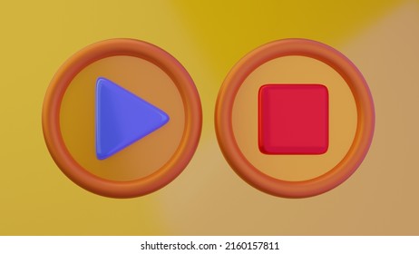 Closeup 3d Illustration Of Blue And Orange Play Icon And Red And Orange Stop Icon Against Gradient Yellow Background. Minimal Multimedia Concept. 3d Illustration Highly Usable. 3d Play Button. 3d Stop