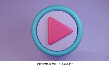 Closeup 3d Illustration Of Pink And Green Play Icon Against Gradient Violet Background. Minimal Multimedia Concept. 3d Illustration Highly Usable. 3d Play Button.