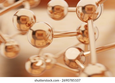 A close-up 3D render of a glossy, reflective golden molecular structure with interconnected spheres and rods. Ideal for technology, science, finance, or luxury brand backgrounds and presentations.