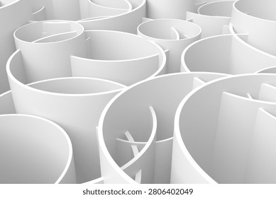 Close-up 3d render of interlocking white cylindrical walls forming a maze-like abstract pattern, offering soft lighting, flowing curves and layered depth for contemporary backgrounds and surface design.