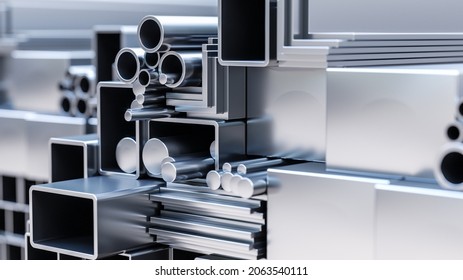 close-up 3d rendering or illustration of shiny steel and aluminium profiles and metalware for construction and engineering in storehous