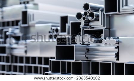 close-up 3d rendering or illustration of shiny steel and aluminium profiles and metalware for construction and engineering in storehous ストックフォト © 