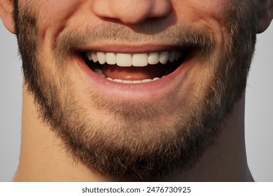 Close-up 3D rendering of a man smiling happily.