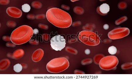 Close-up 3D rendering of red blood cells and white blood cells flowing in the bloodstream