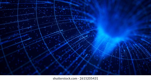 Closeup of abstract data flow in cyber wormhole. Quantum computing information vortex. Digital singularity. 3D Illustration