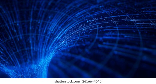 Closeup of abstract data flow in cyber wormhole. Quantum computing information vortex. Digital singularity. 3D Illustration