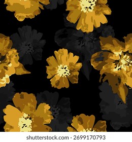 A close-up, abstract floral pattern featuring vibrant golden-yellow flowers with dark, shadowy silhouettes against a deep black background, creating a dramatic contrast.