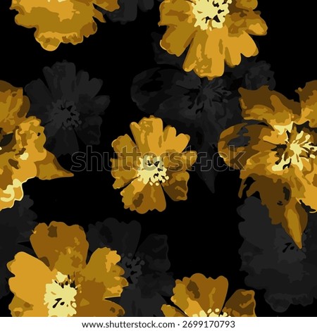 A close-up, abstract floral pattern featuring vibrant golden-yellow flowers with dark, shadowy silhouettes against a deep black background, creating a dramatic contrast.