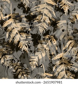 A close-up, abstract, textured pattern featuring overlapping, muted green and brown botanical elements, possibly leaves or ferns, with a watercolor or painterly effect.