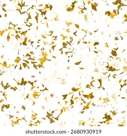 A close-up, abstract view of scattered, fallen autumn leaves in shades of yellow, orange, and green against a bright, white background, creating a textured pattern.