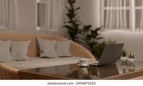 A close-up back view image of a laptop computer on a coffee table in a bright Scandinavian living room with a wicker sofa and houseplants at night. 3d render, 3d illustration