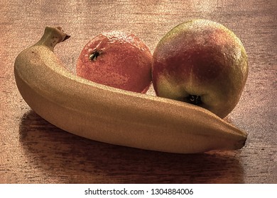 Close-up Of A Banana, Mandarin And Apple Re-worked As A Southern Renaissance Painting